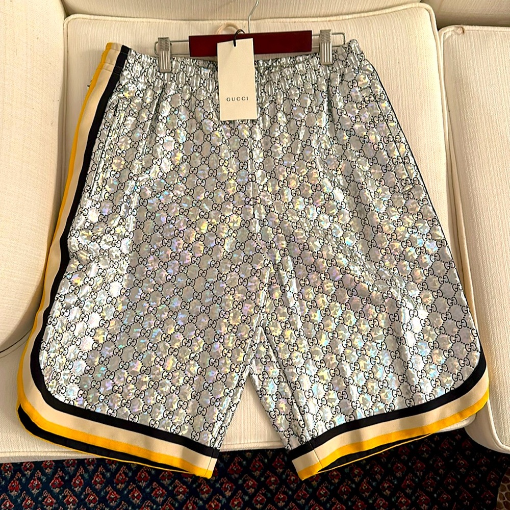 New Gucci Holographic Monogram Logo Shorts 
(Medium) (Chrome)
